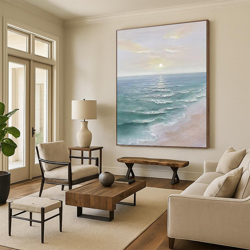 Large Contemporary Wall Art Blue, Beige, and White Coastal Sunset Abstract Painting DPS455