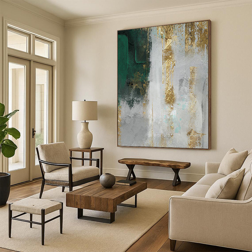 Unique Abstract Art Green, Gold & Gray Textured Abstract Painting On Canvas PT085