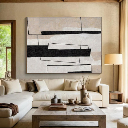 Modern Art Acrylic Black, Beige, and White Geometric Abstract Art PT697