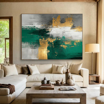 Unique Abstract Art Green, Gold & Gray Textured Abstract Painting On Canvas PT110