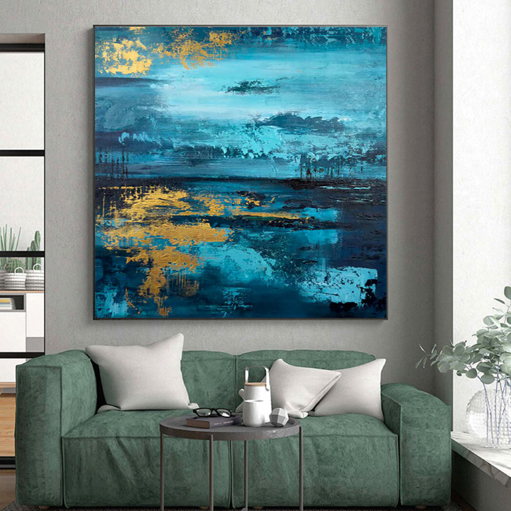 Hand Painted Art Teal Gold Abstract Landscape Acrylic Painting PT451
