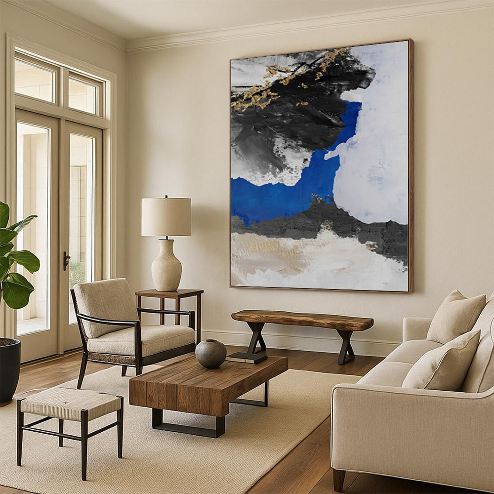 Hand Painting Black, White, Blue & Gold Textured Abstract Painting On Canvas PT052