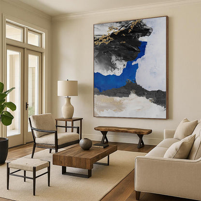 Hand Painting Black, White, Blue & Gold Textured Abstract Painting On Canvas PT052