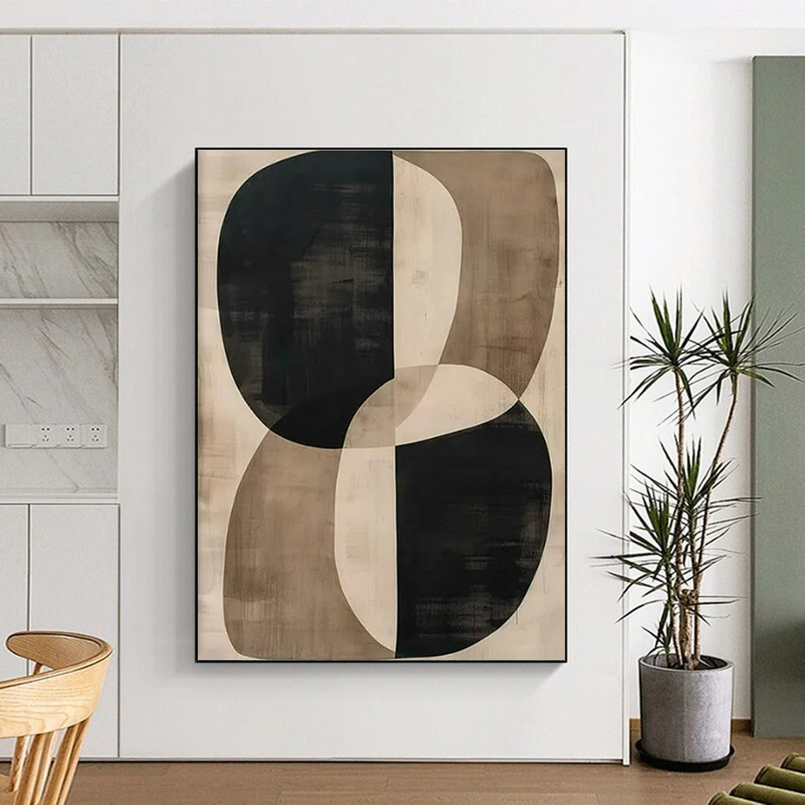 Unique Abstract Art - Black, Beige & Brown Geometric Circles Abstract Art with Soft Edges PT599