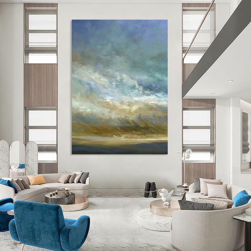 Hand-Painted Blue and Beige Sky and Horizon Abstract Landscape Painting DPS416
