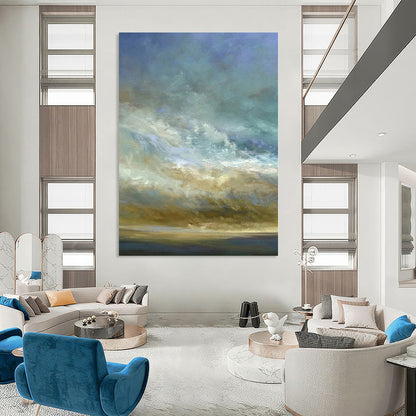 Hand-Painted Blue and Beige Sky and Horizon Abstract Landscape Painting DPS416