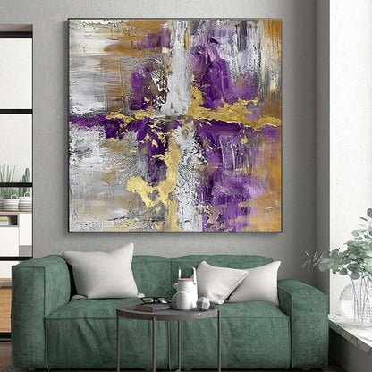 Hand Painted Art - Purple, Gold & Gray Geometric Abstract Art with Textured Details PT593
