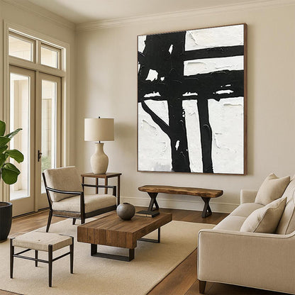 Hand-Painted Black White Textured Geometric Abstract Art PT378