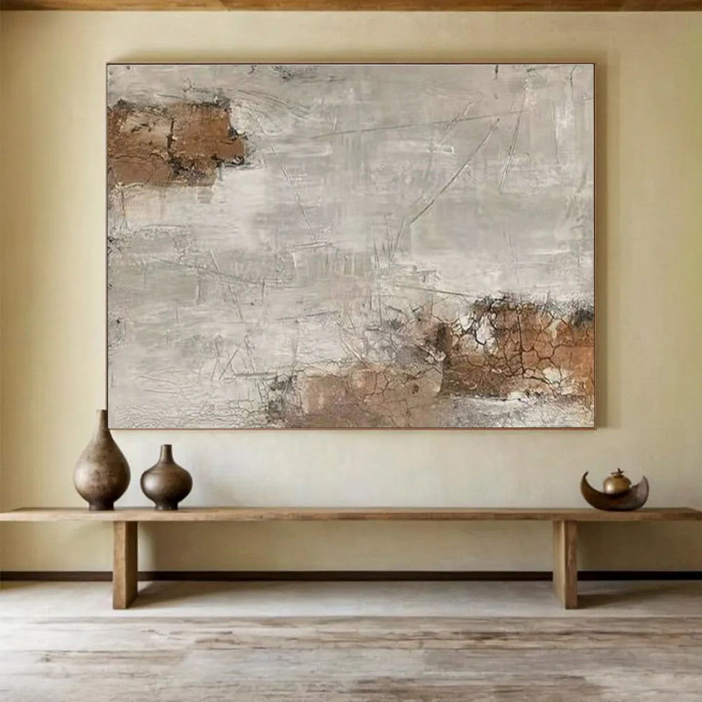 Large Painting In Living Room Beige, Gray, and Brown Textured Abstract Landscape Art HPS375