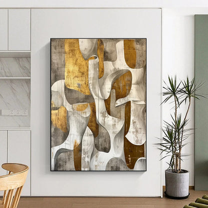 Hand Painted Art with Gold, Gray, and White Organic Abstract Shapes, Large Contemporary Wall Art PT204