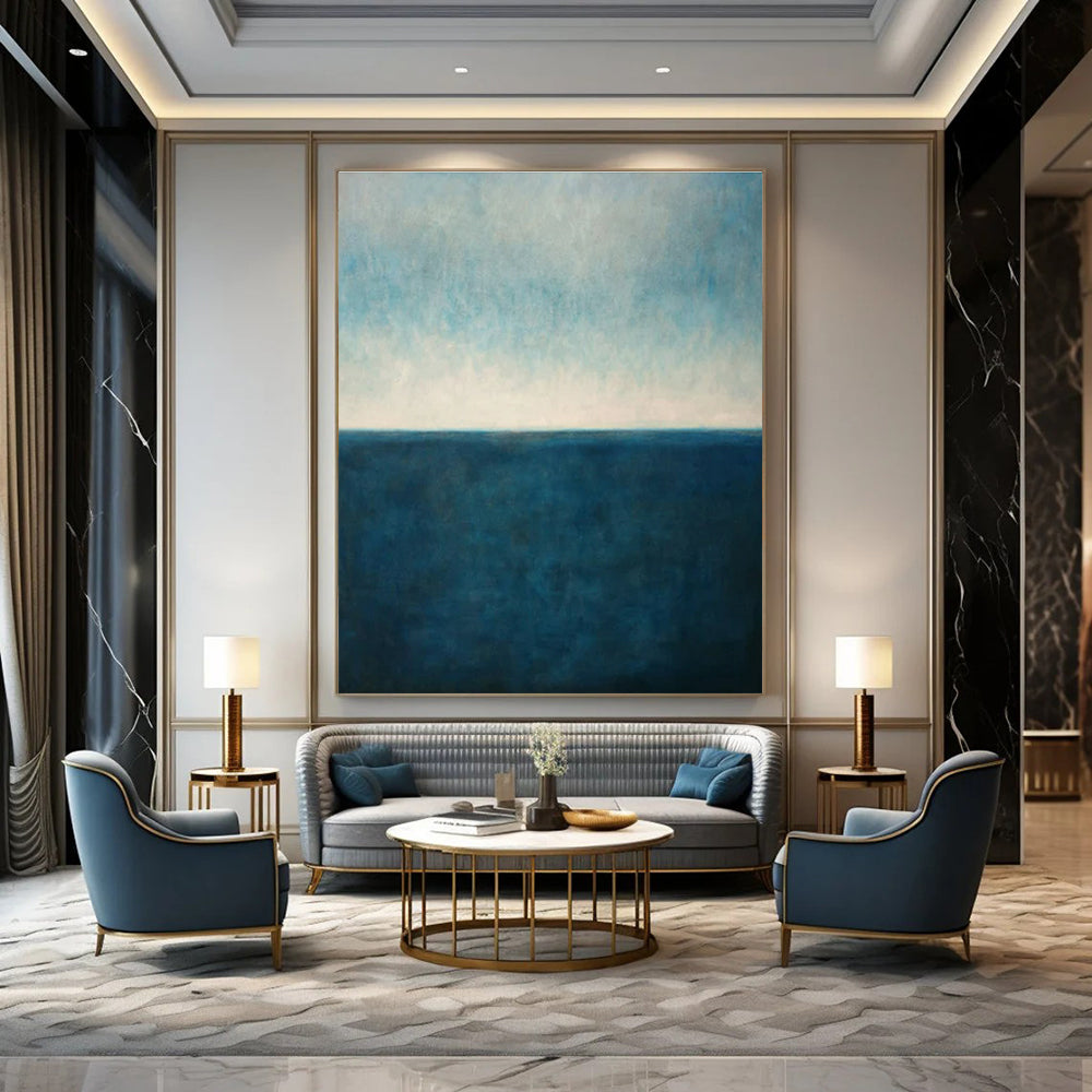Large Size Blue & Beige Abstract Sea Horizon, Large Contemporary Wall Art DPS515