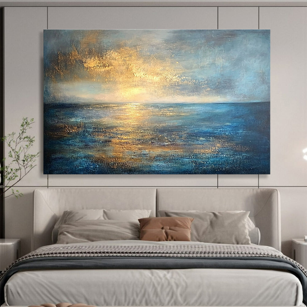 Modern Art Acrylic Blue, Gold & Gray Textured Coastal Abstract Painting HPS288