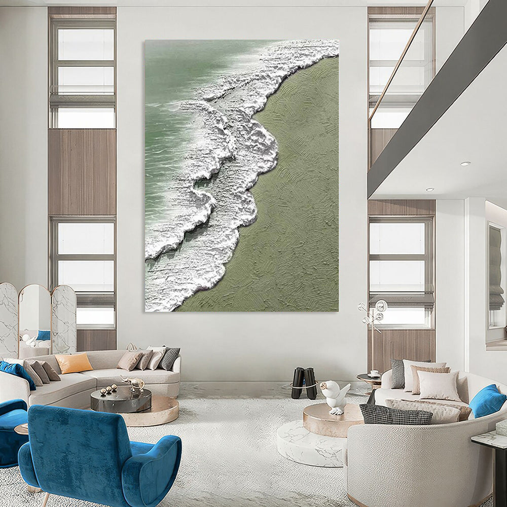 Oversized Abstract Wall Art Green and White Wave Coastal Abstract Painting DPS422