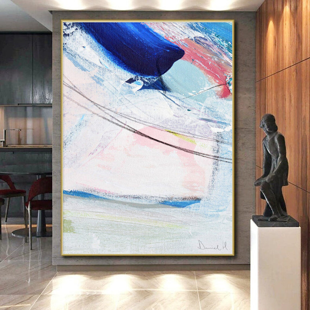 Acrylic Modern Art Paintings in Blue, Pink, White, and Grey Abstract Brushstrokes PT236