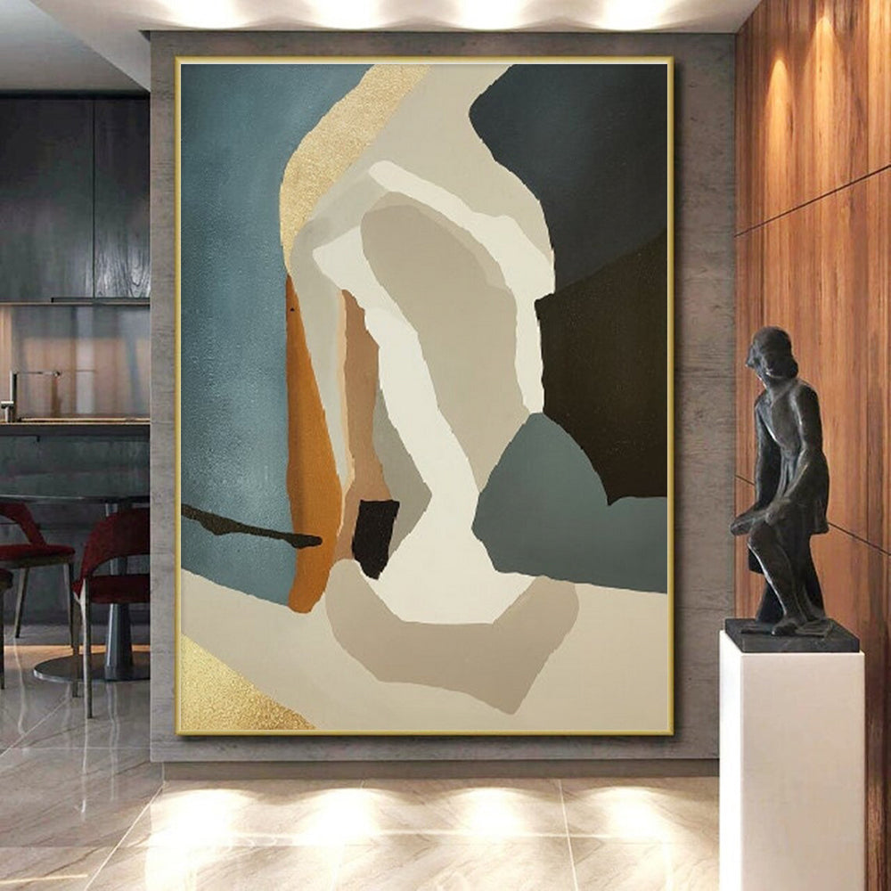 Minimalist Canvas Art in Teal, Beige, Brown, and Gold Geometric Abstract Shapes PT235