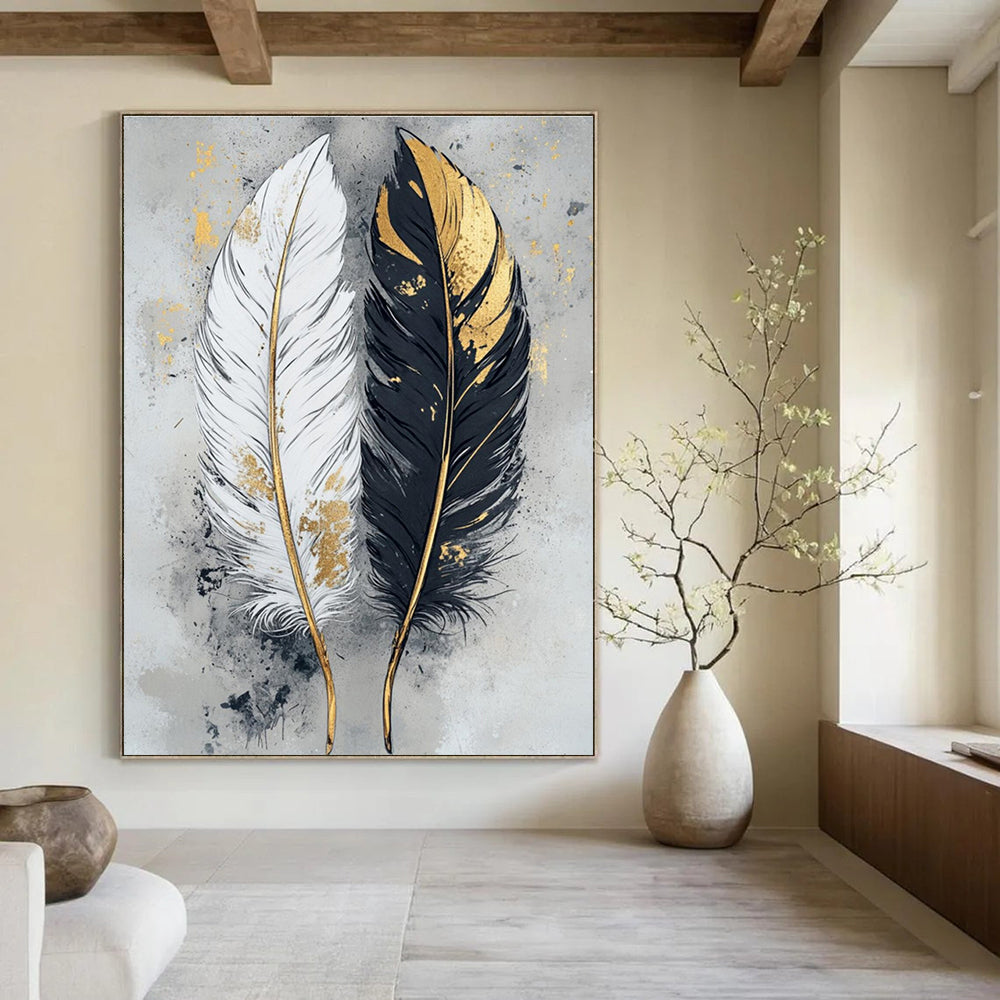 Hand-Painted Black, White & Gold Feather Abstract, Acrylic Modern Art Painting DPS499