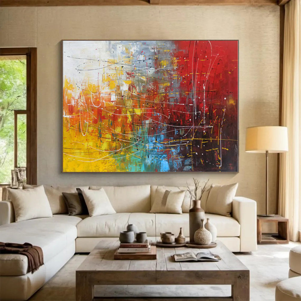 Oversized Abstract Wall Art in Red, Yellow, Blue, Green, and White Abstract Lines and Shapes PT249