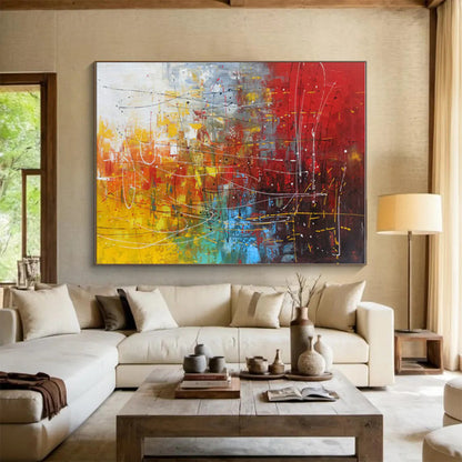 Oversized Abstract Wall Art in Red, Yellow, Blue, Green, and White Abstract Lines and Shapes PT249