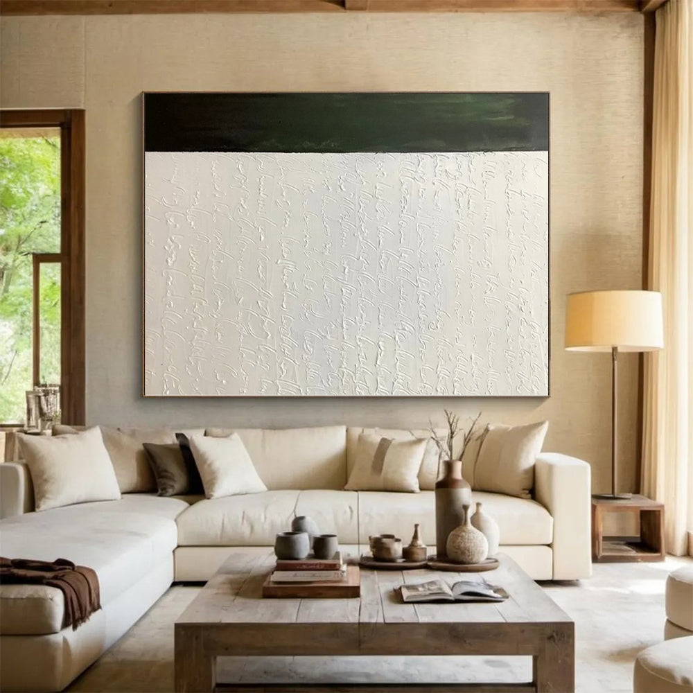 Hand-Painted Green & White Textured Calligraphic Abstract Painting On Canvas PT041