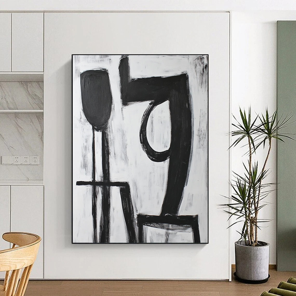 Affordable Large Abstract Wall Art With Black, White Geometric Shapes On Canvas PT194