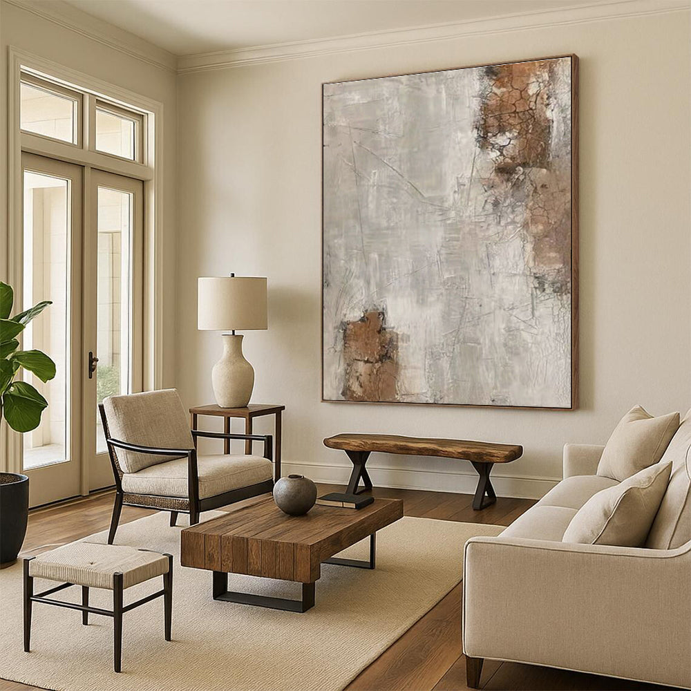 Hand Painted Art Beige, Gray, and Brown Cracked Abstract Piece, Acrylic Modern Art PT305