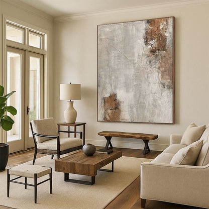 Hand Painted Art Beige, Gray, and Brown Cracked Abstract Piece, Acrylic Modern Art PT305