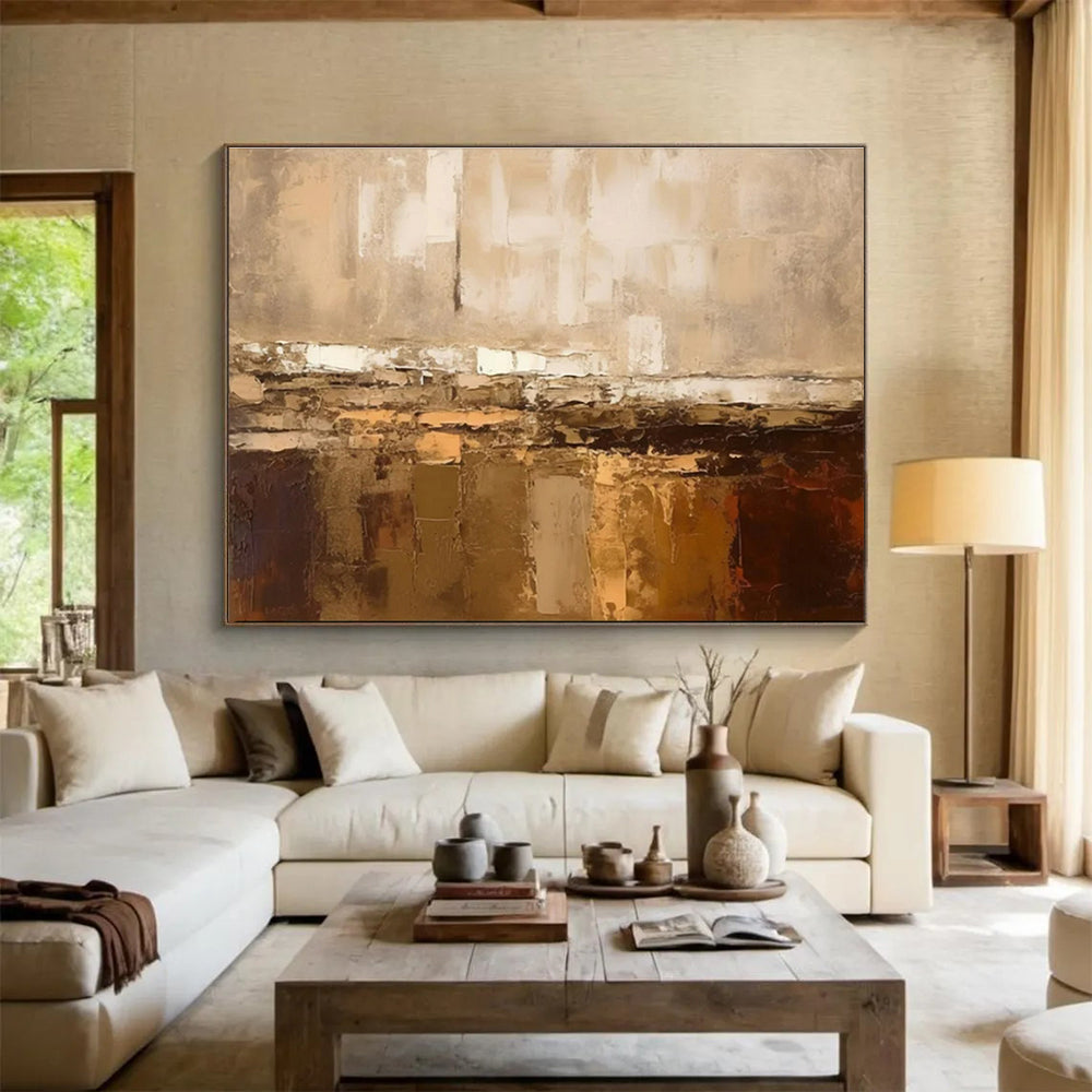 Large Painting In Living Room Beige and Brown Textured Abstract Landscape Art HPS335