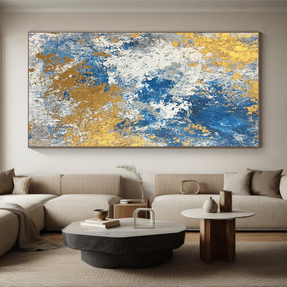Acrylic Modern Art Paintings Blue, Gold & Gray Textured Abstract Painting On Canvas PT117