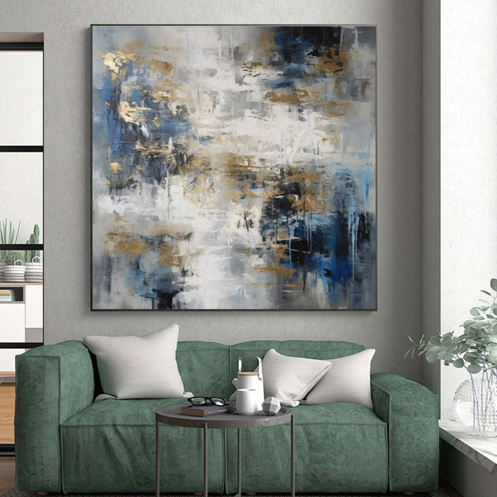 Oversized Abstract Wall Art Blue, Gold, and Gray Textured Abstract Art PT746