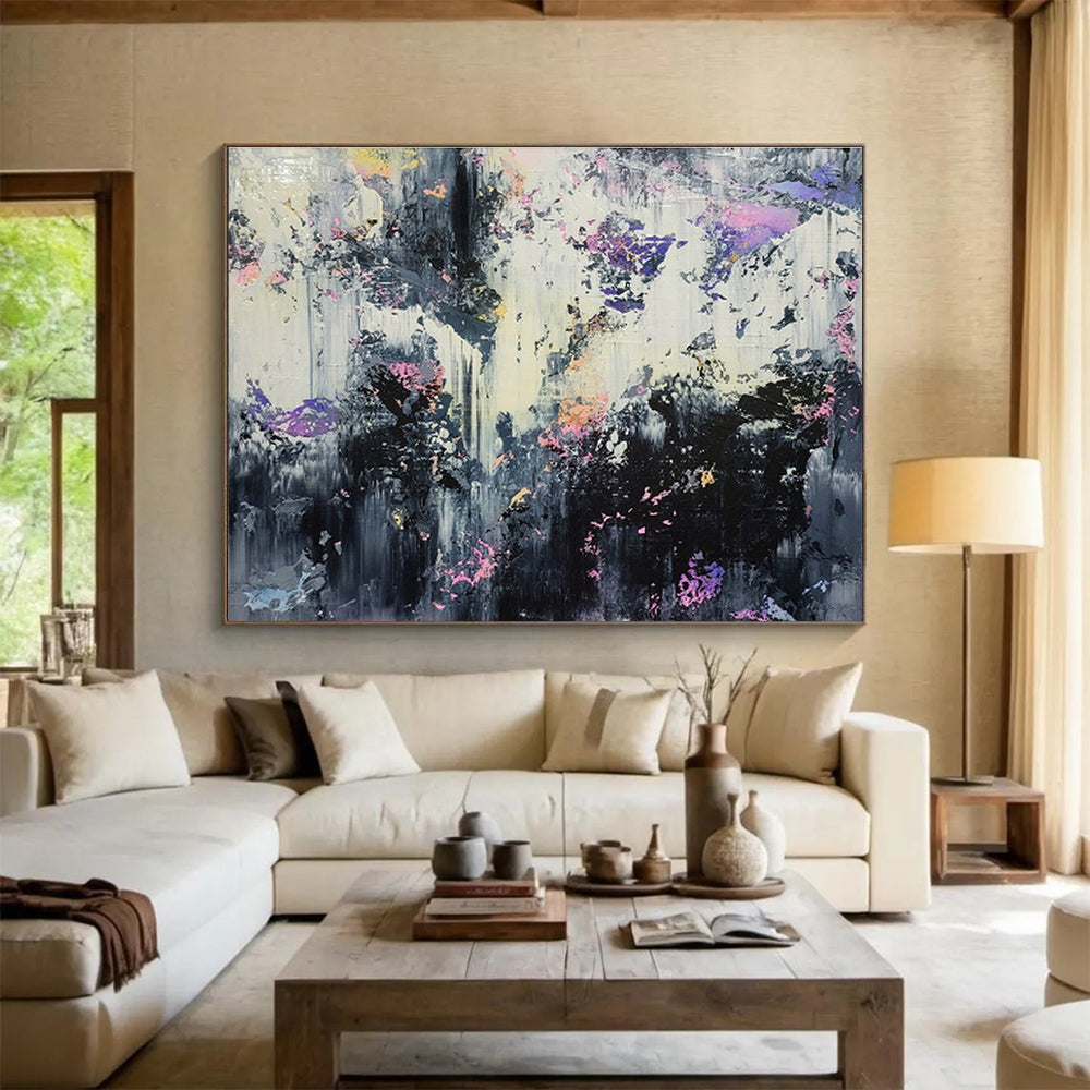 Large Contemporary Wall Art Black, White, and Purple Textured Abstract Art HPS406