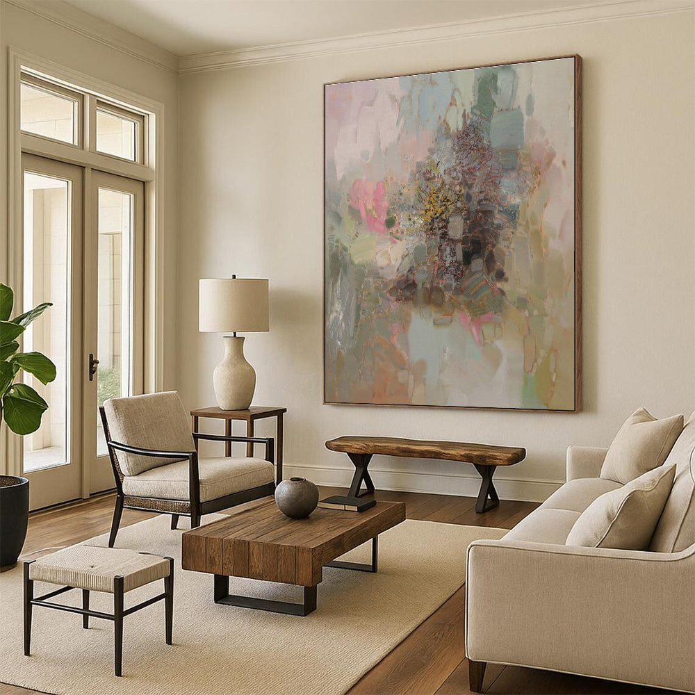 Cool Abstract Paintings Pink, Green, and Beige Floral Abstract Art PT714