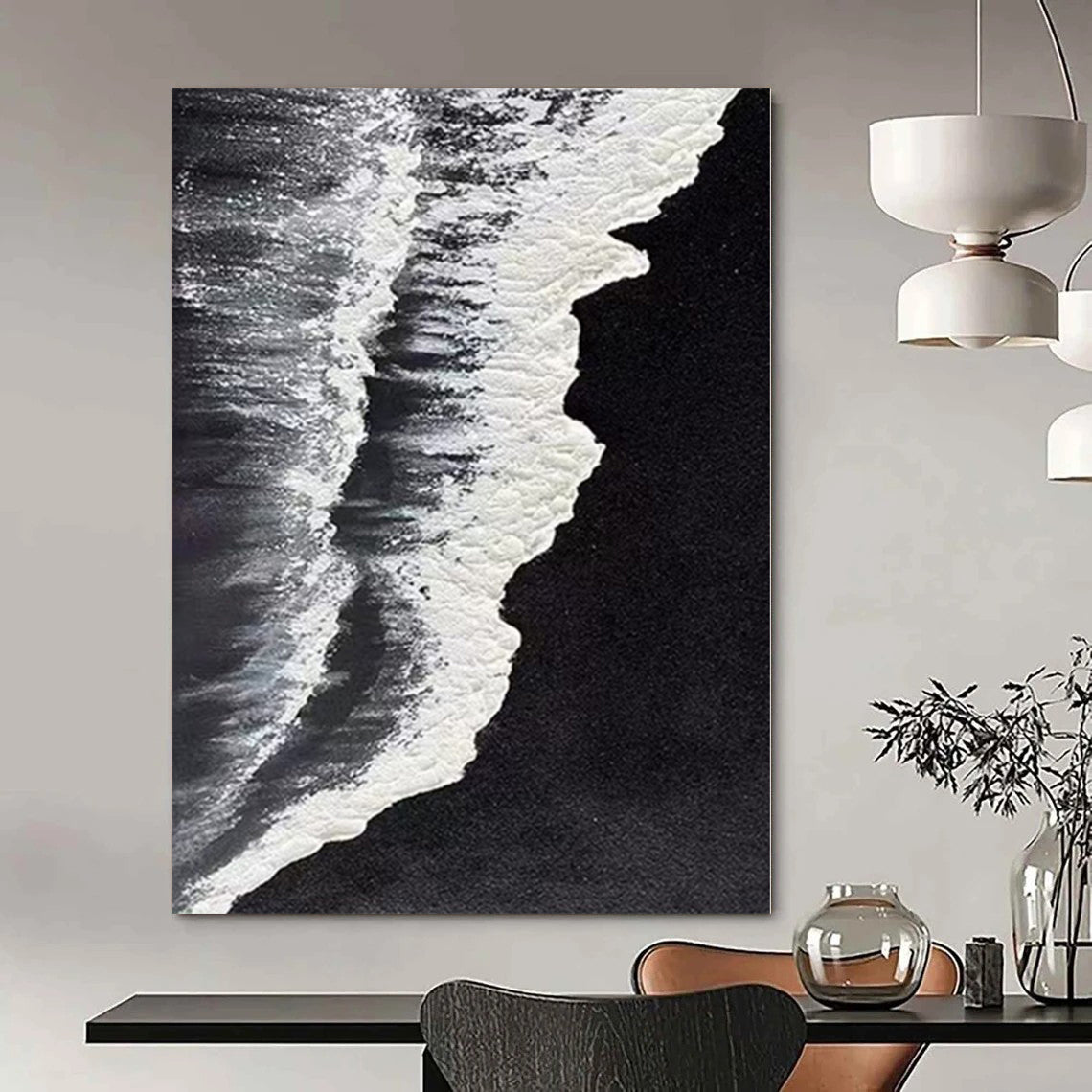 Minimalist Canvas Art Black and White Wave Abstract Sea Painting DPS418