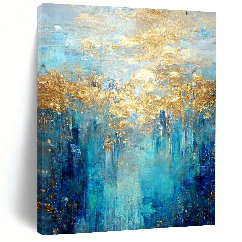 Oversized Abstract Wall Art Teal, Gold, and Blue Abstract Art PT658