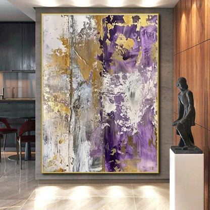 Unique Abstract Art - Purple, Gold & Gray Textured Abstract Art with Metallic Accents PT592