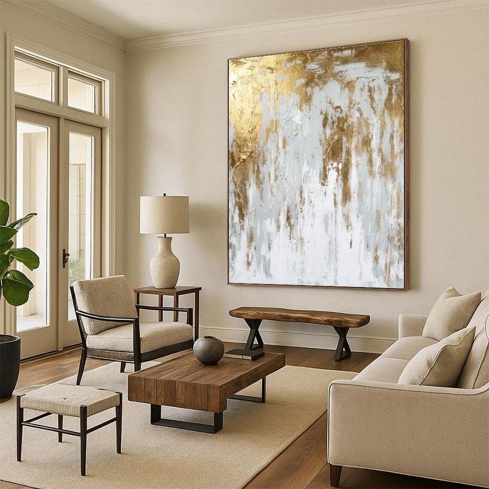 Hand-Painted Gold and White Textured Abstract Art PT666