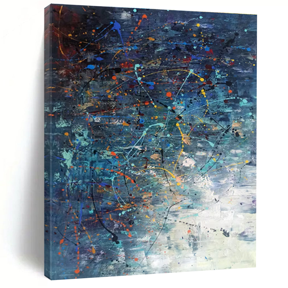 Acrylic Modern Art Paintings in Navy, Teal, Orange, Yellow, and Pink Abstract Splatters and Lines PT243