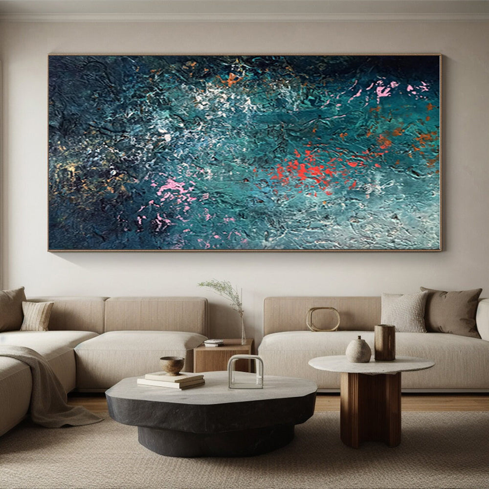 Unique Abstract Art in Teal, Red, Pink, and White Textural Abstract Sea-Inspired Painting On Canvas PT275