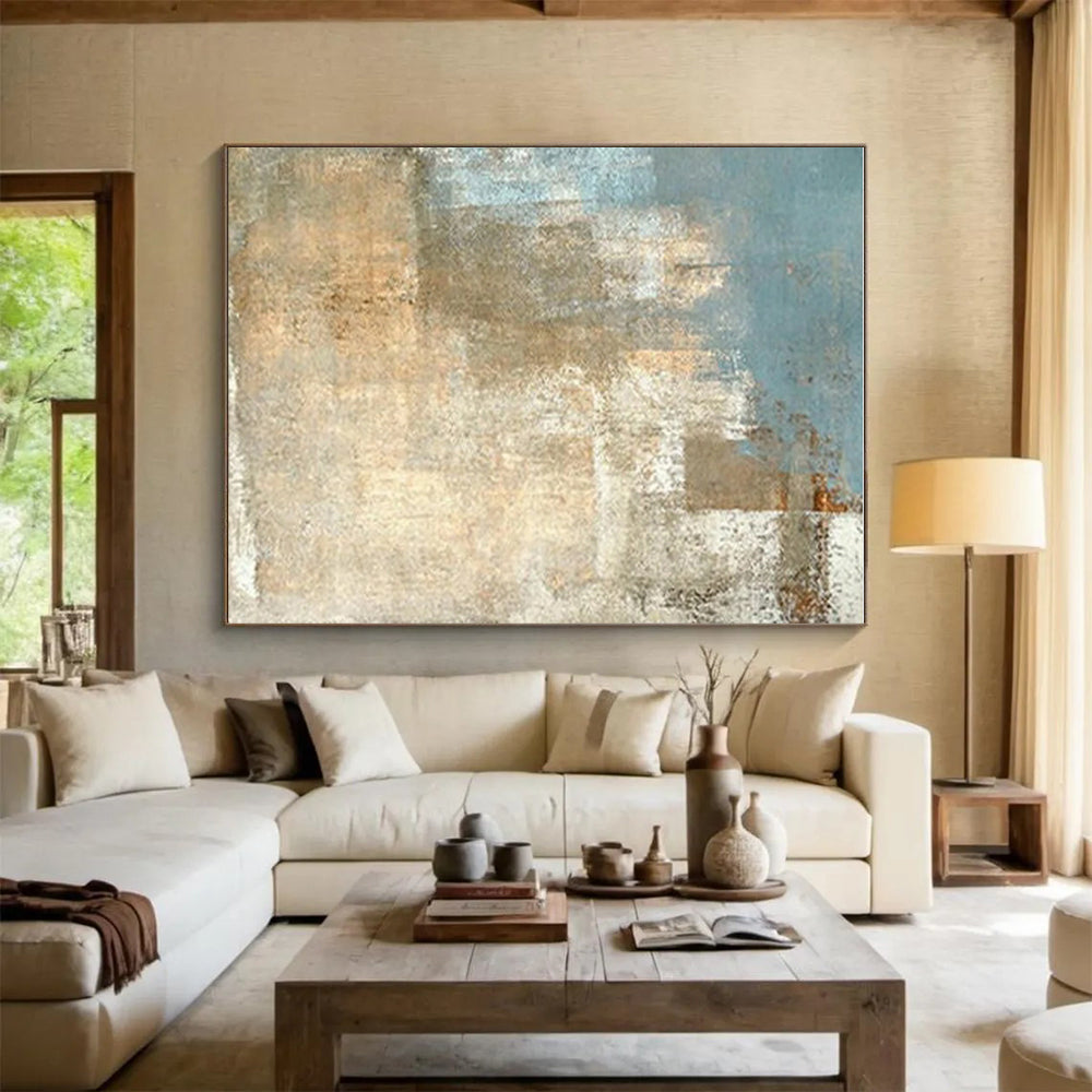 Large Size Beige Blue Textured Abstract Landscape Art PT499