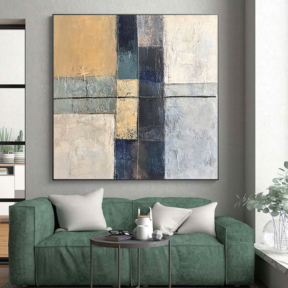 Big Abstract Painting On Canvas, Beige Blue Gray Abstract Geometric Art On Canvas PT153