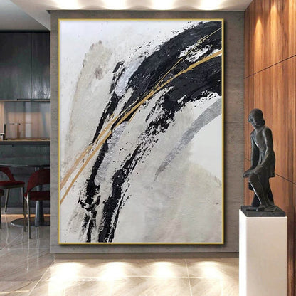 Unique Abstract Art in Black, White, Gold, and Silver Abstract Brushstrokes PT245