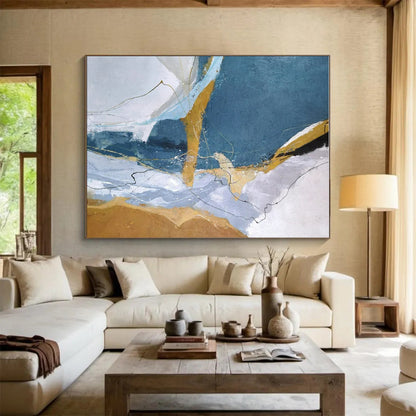 Cool Abstract Paintings Blue, Gold, and Gray Dynamic Abstract Art PT807