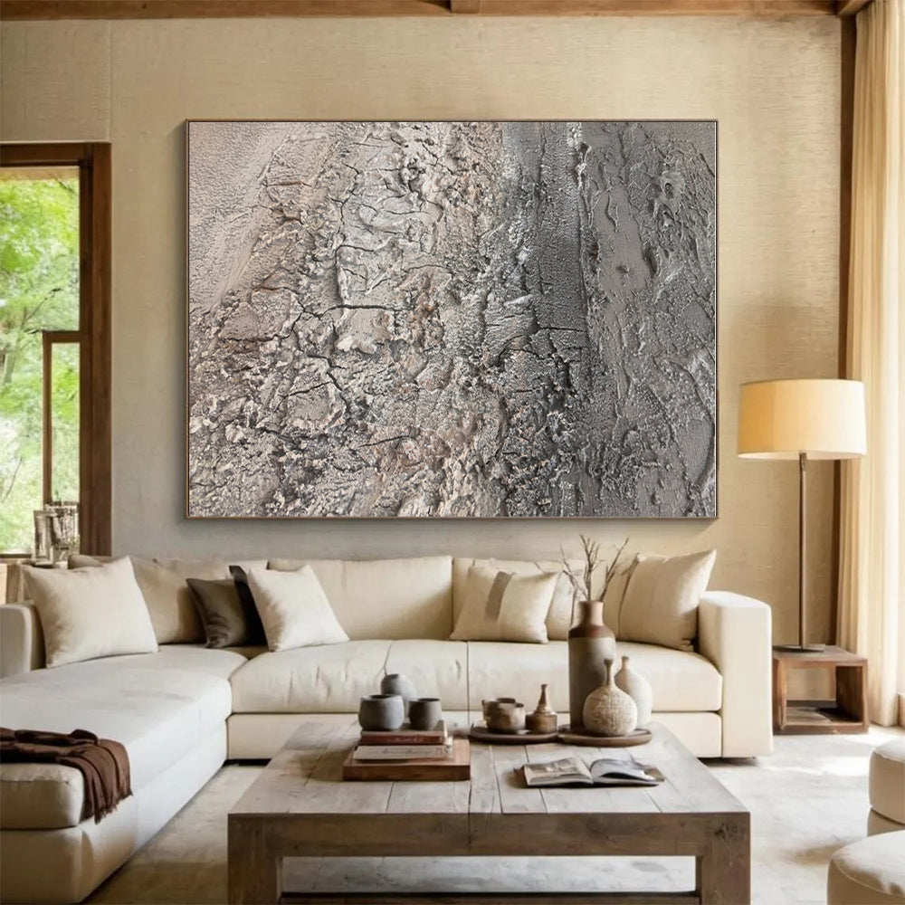 Huge Size Gray Textured Abstract Art with Cracked Details, Handmade Art Piece PT302