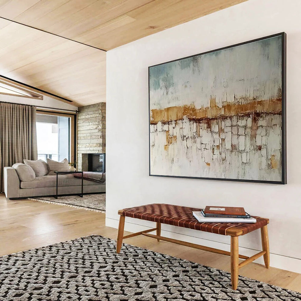 Hand-Painted Beige, Blue & White Textured Cityscape Abstract Painting HPS241