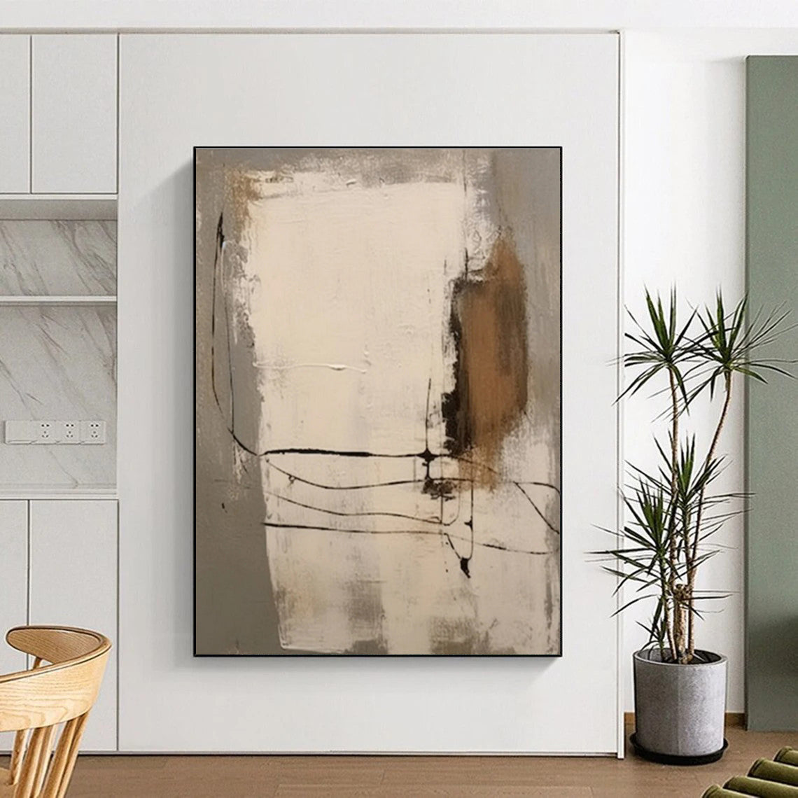 Minimalist Canvas Art Gray Beige Black Line Abstract Artwork PT483