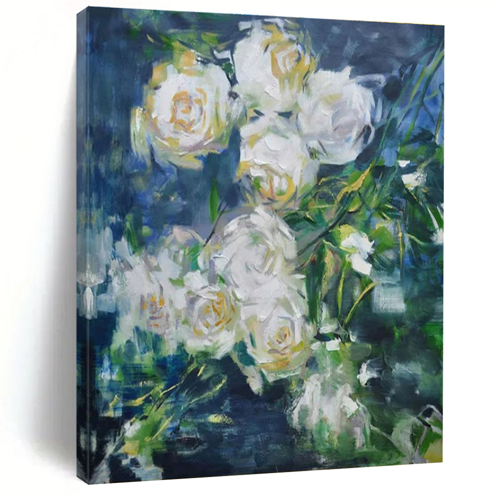 Impressionistic Floral Art - White Roses & Green Leaves Abstract Floral Painting PT608