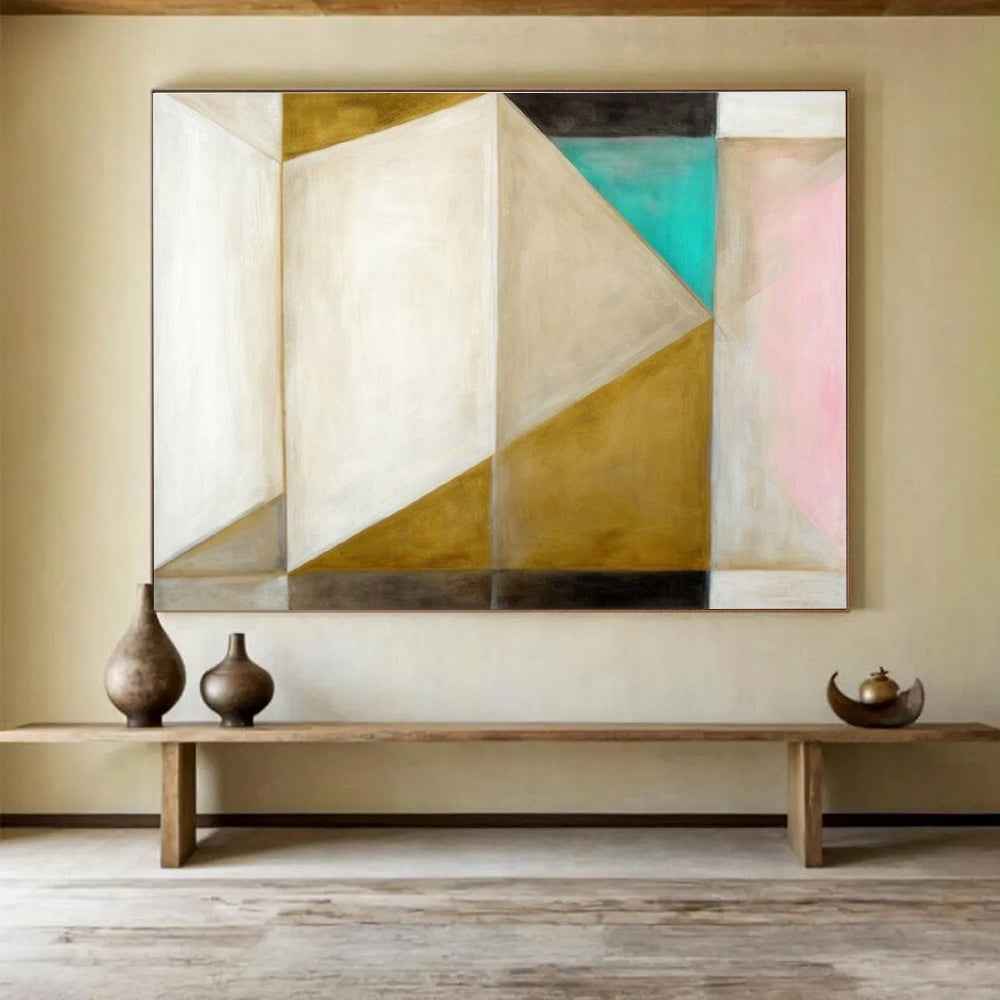 Cool Abstract Paintings Gold, Beige, and Teal Geometric Abstract Art HPS348