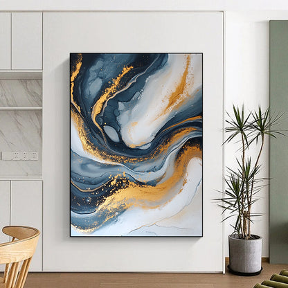 Handmade Art Blue, Gray & Gold Swirl Textured Abstract Painting On Canvas PT114