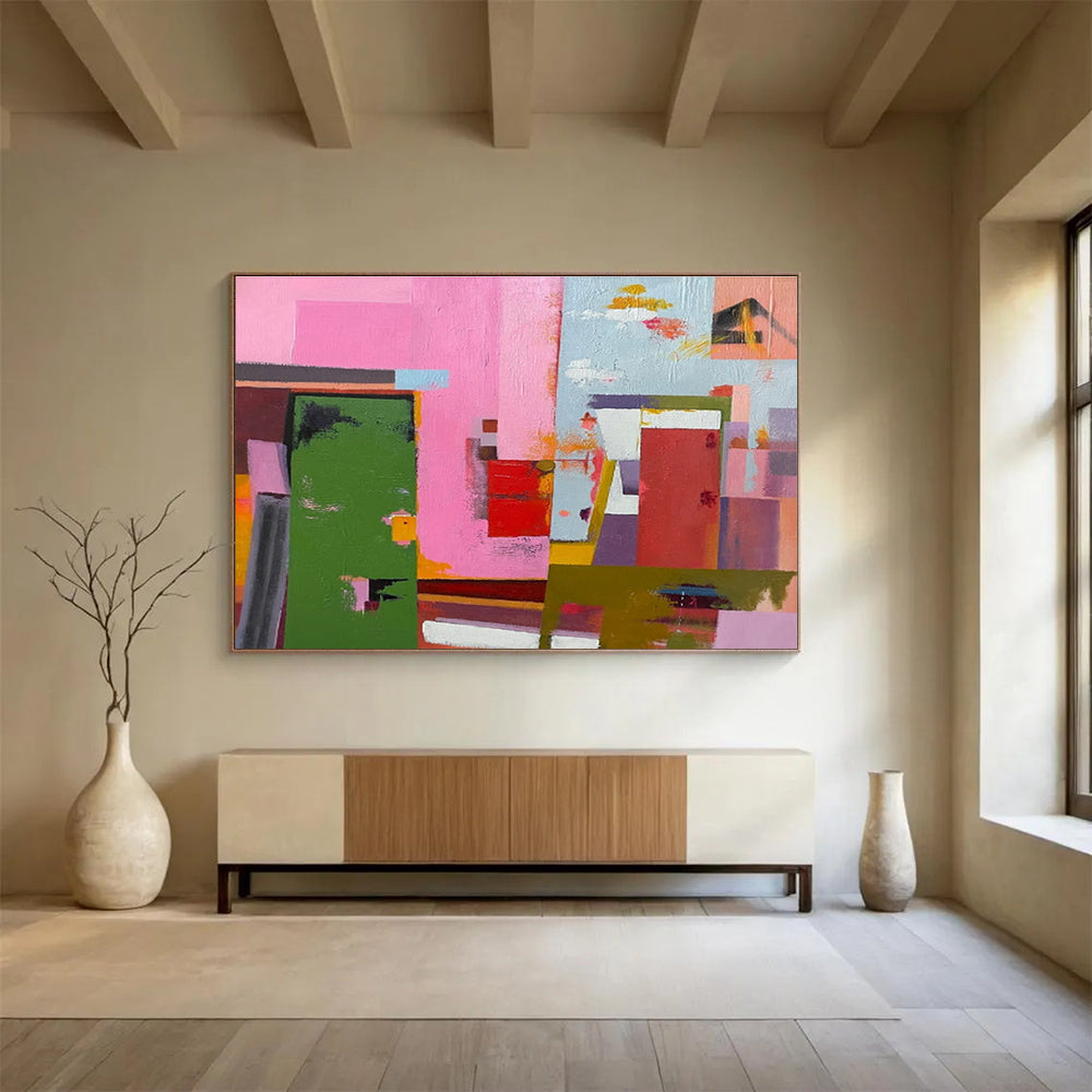 Acrylic Modern Art Paintings Pink, Green & Red Abstract Geometric Art HPS173