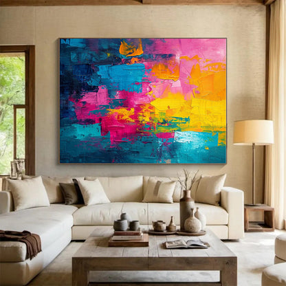 Acrylic Modern Art Paintings in Vibrant Pink, Yellow, Teal, and Blue PT224