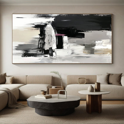 Large Abstract Painting For Living Room, Black Gray White Pink Abstract Textured Art PT151